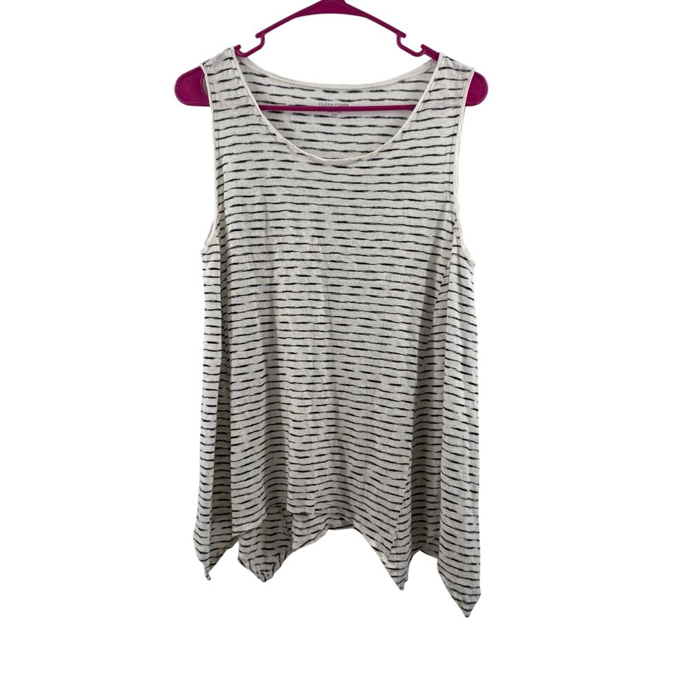 Eileen Fisher Tank Top SZ Medium 100% Organic Linen B&W Stripe Handkerchief Hem